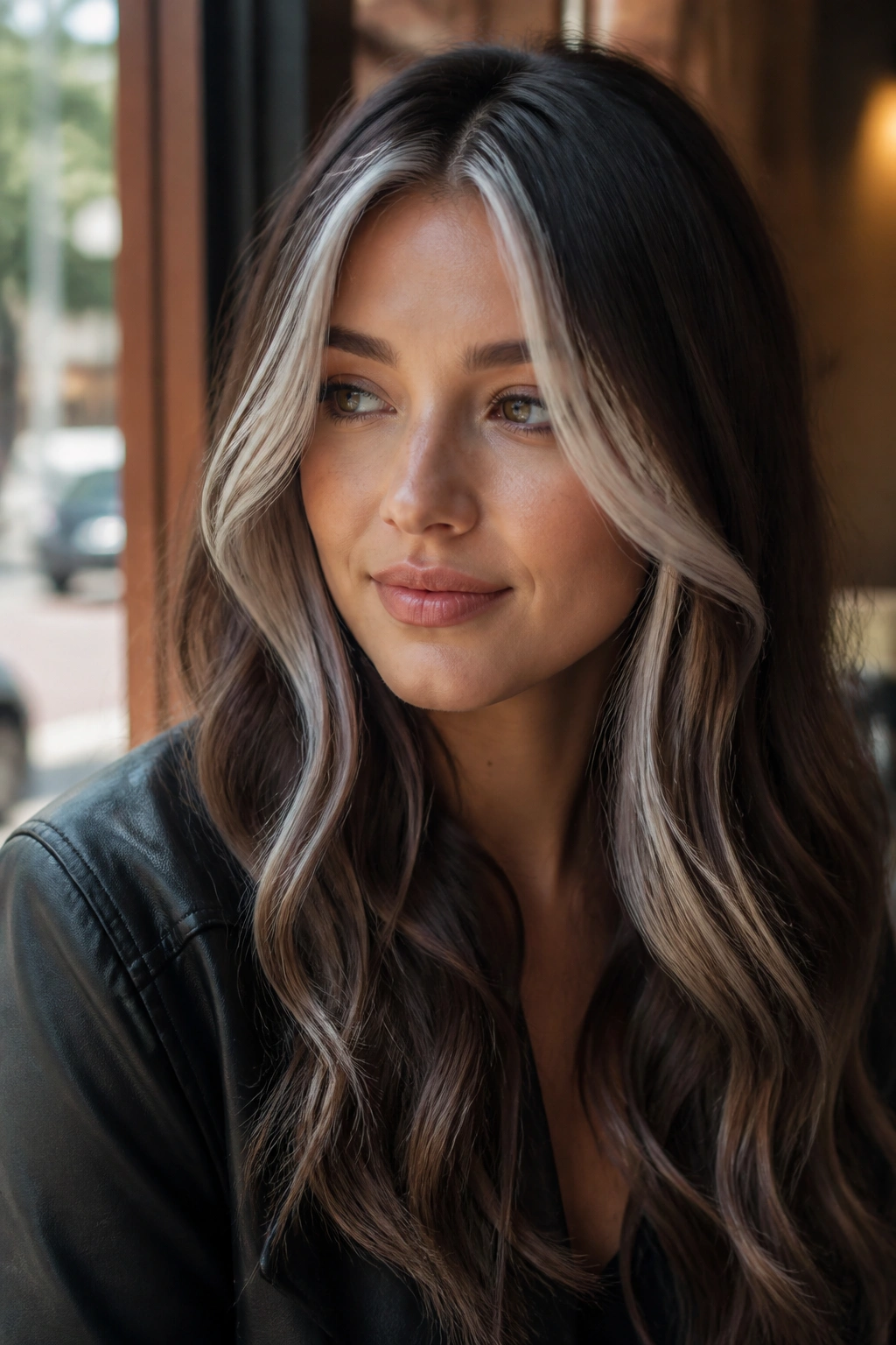 Close-up of a real woman with icy silver money piece framing the face on brown hair