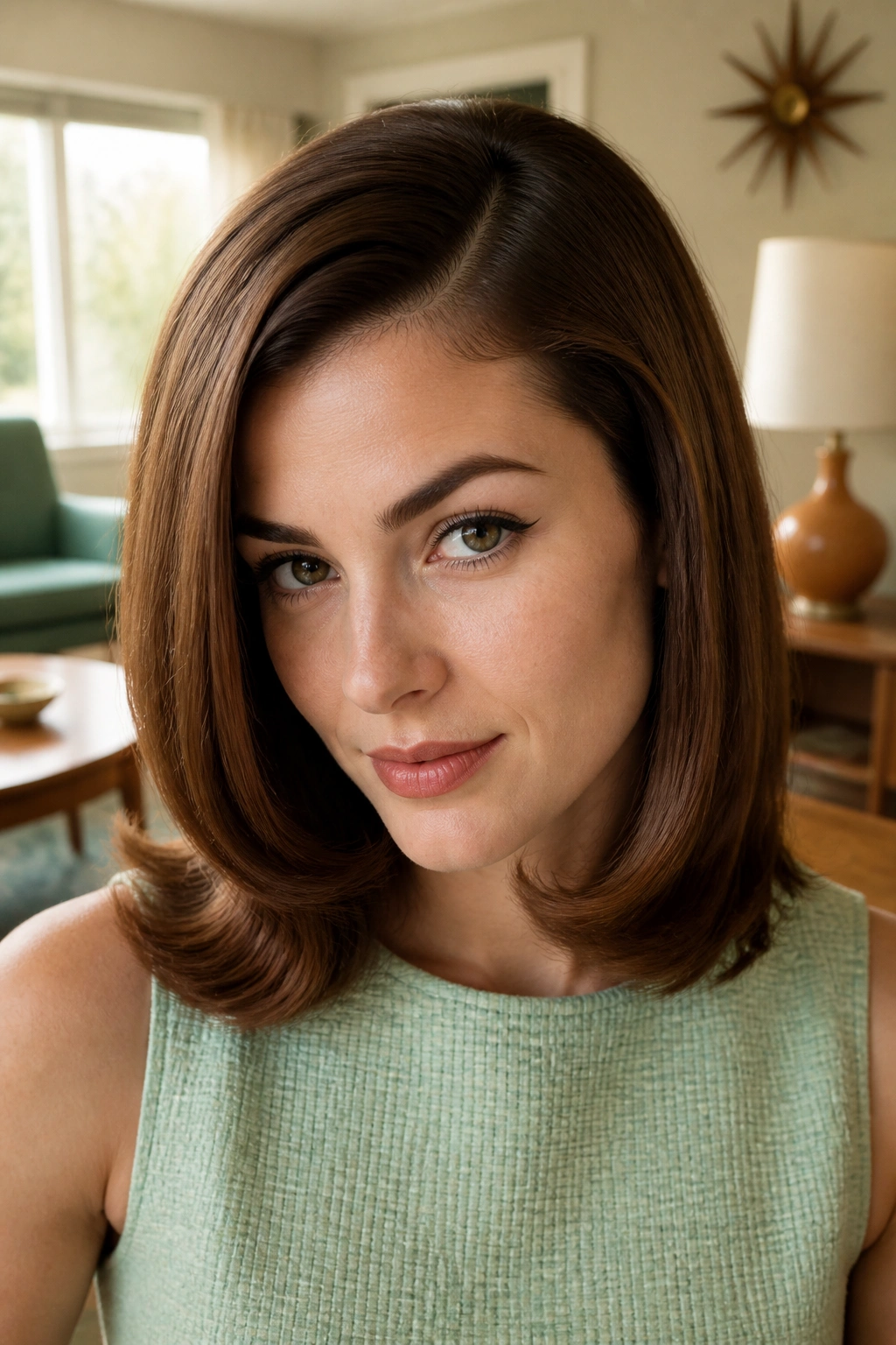Close-up of a woman with a 1960s flip and off-center part