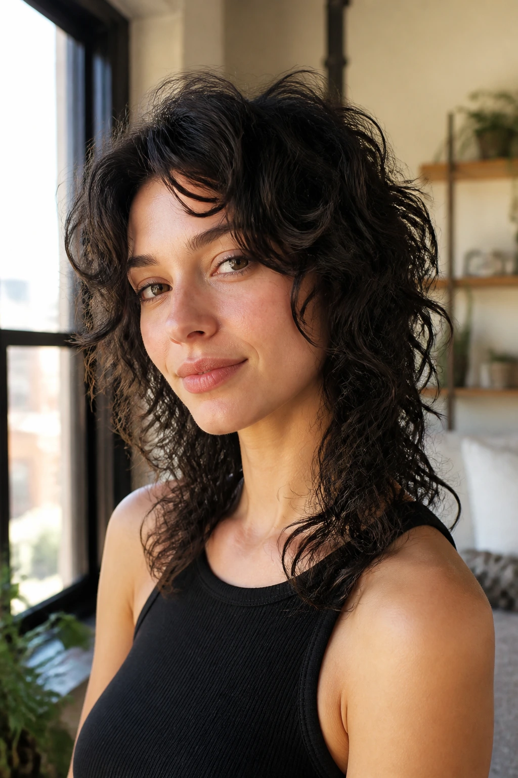 Portrait of a real person with 2A-2C waves in a mid-length wolf cut.