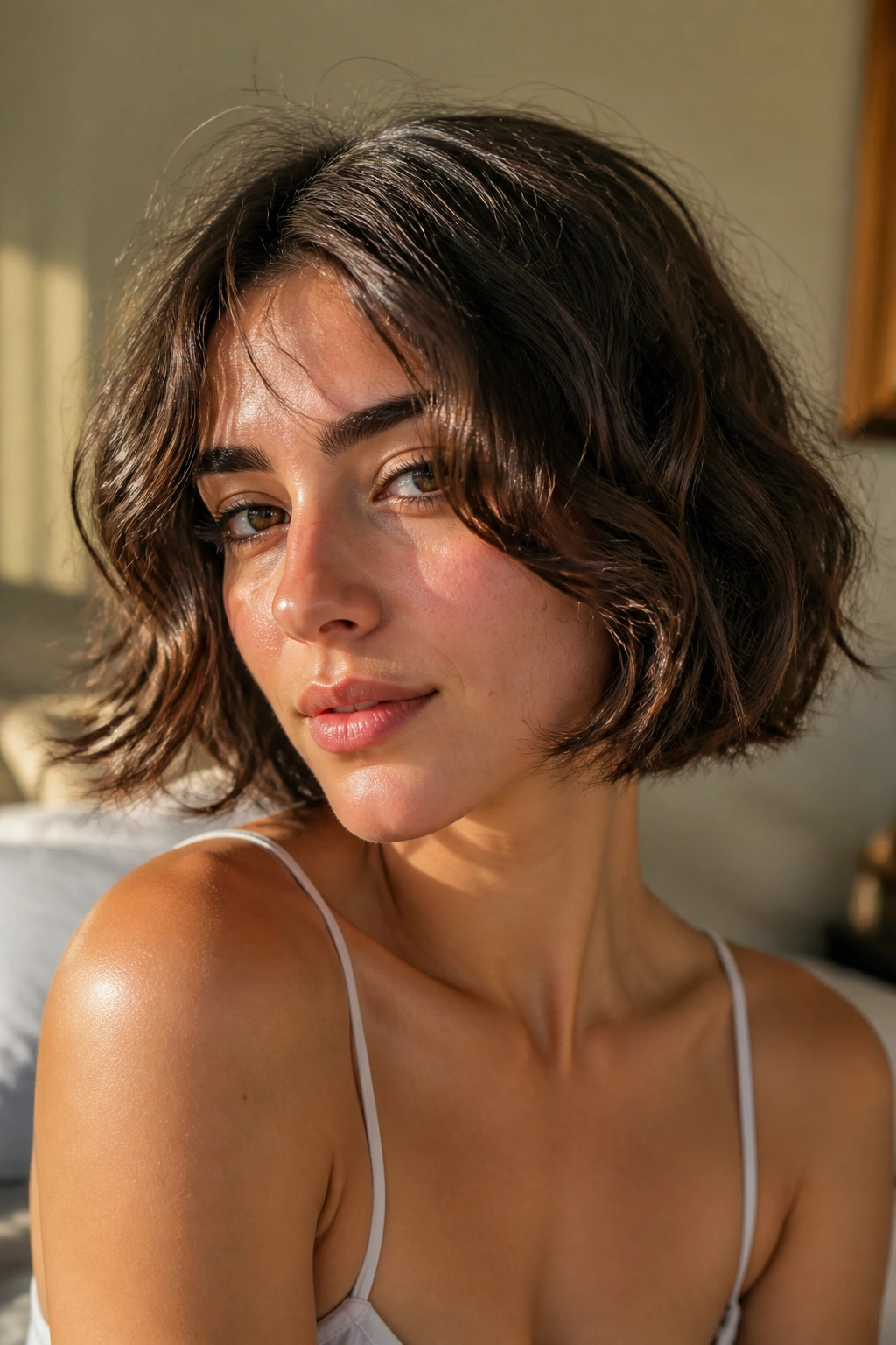Close-up of a real woman with a chin-length tousled bob and soft 2b waves in warm bedroom light