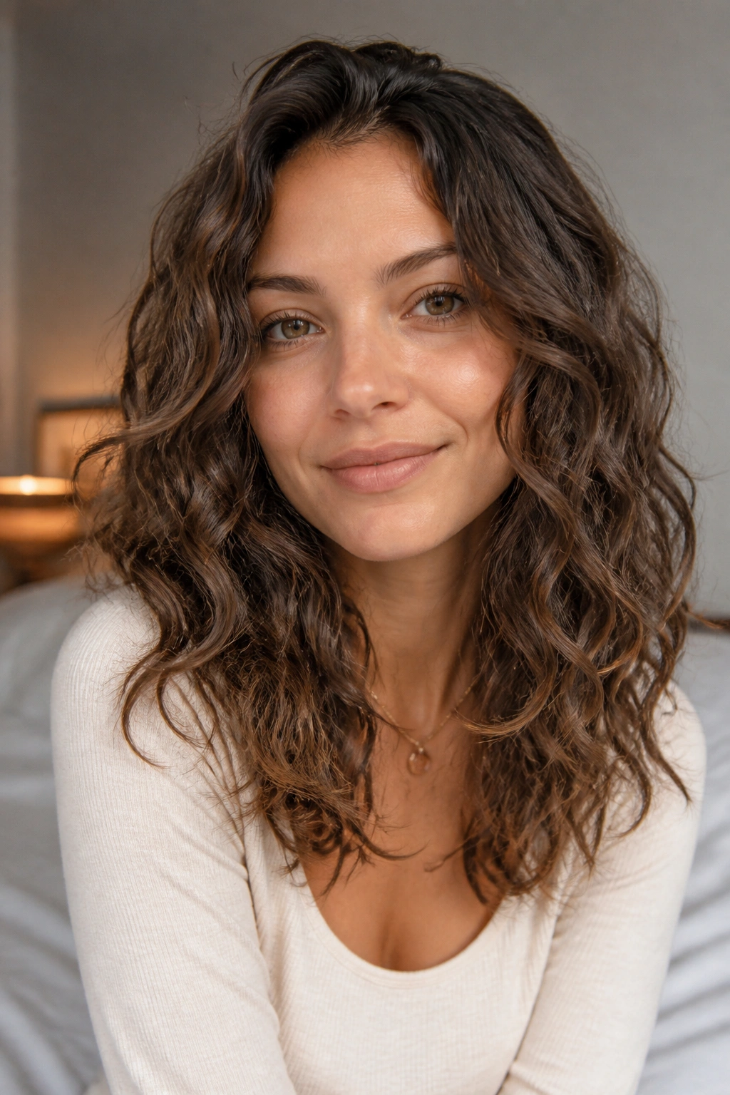 Close-up of a real woman with fine 2c hair styled in long layers to look denser, natural light