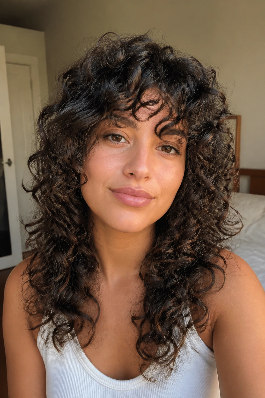 Close-up of a real woman with 3A curls in a wolf cut, front view.