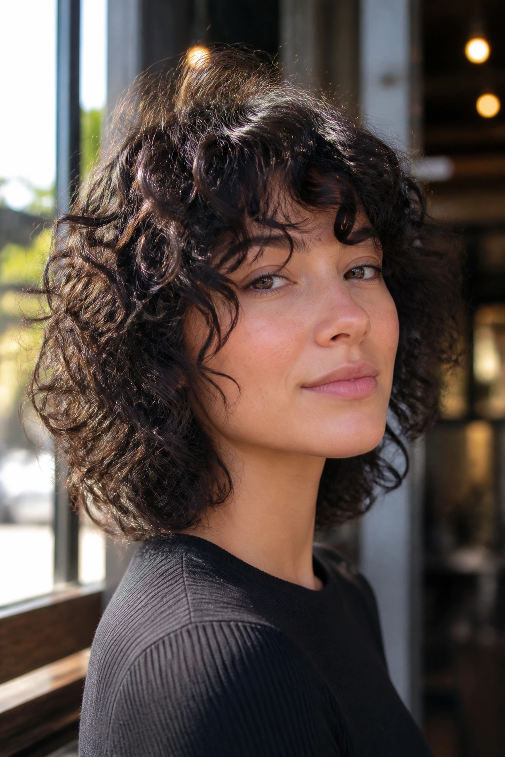 Close-up of a real person with a short wolf shag on defined 3A curls near chin level.