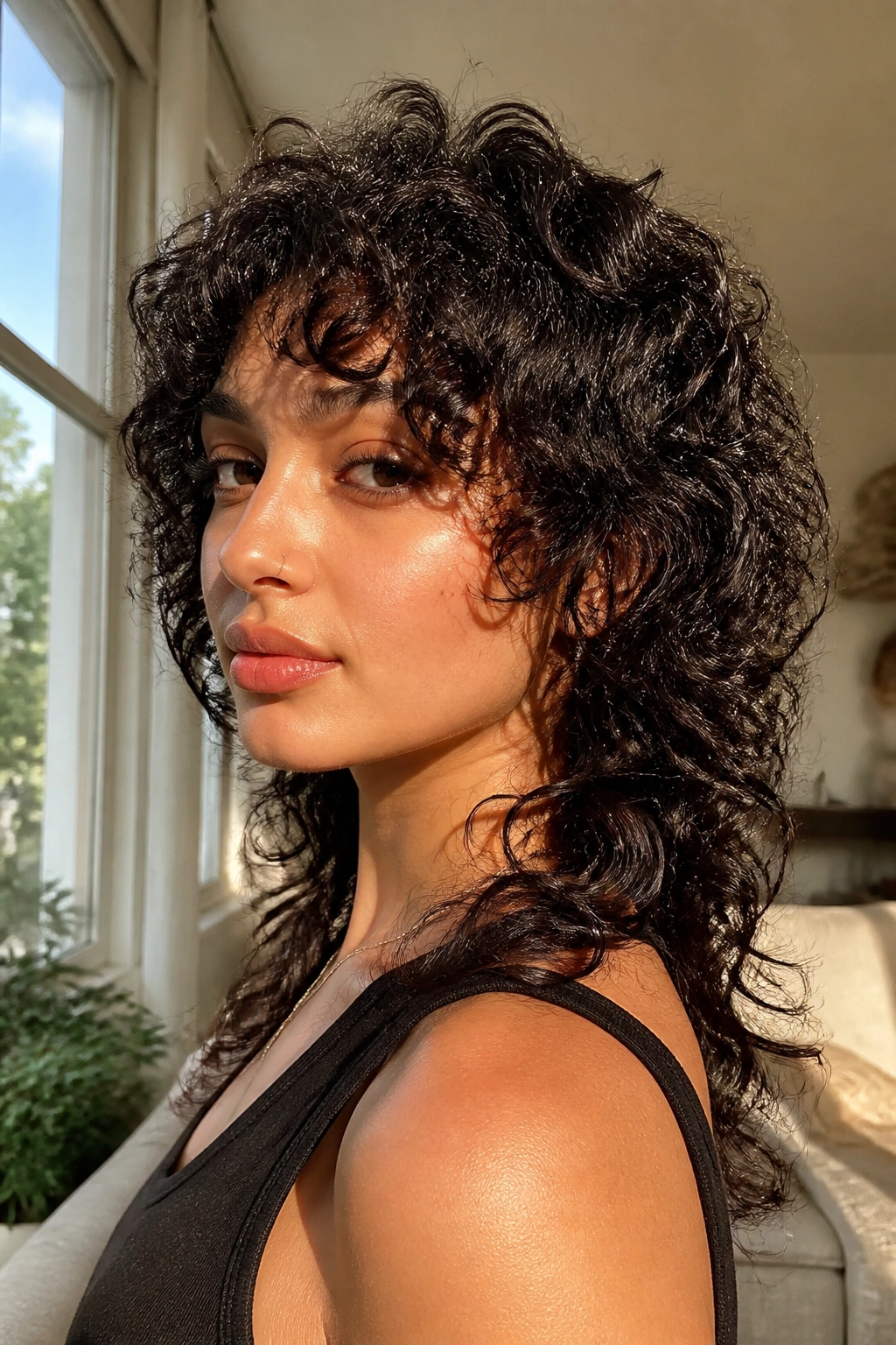 Portrait of a real woman with 3B curls in a wolf cut, showing stacked crown layers.