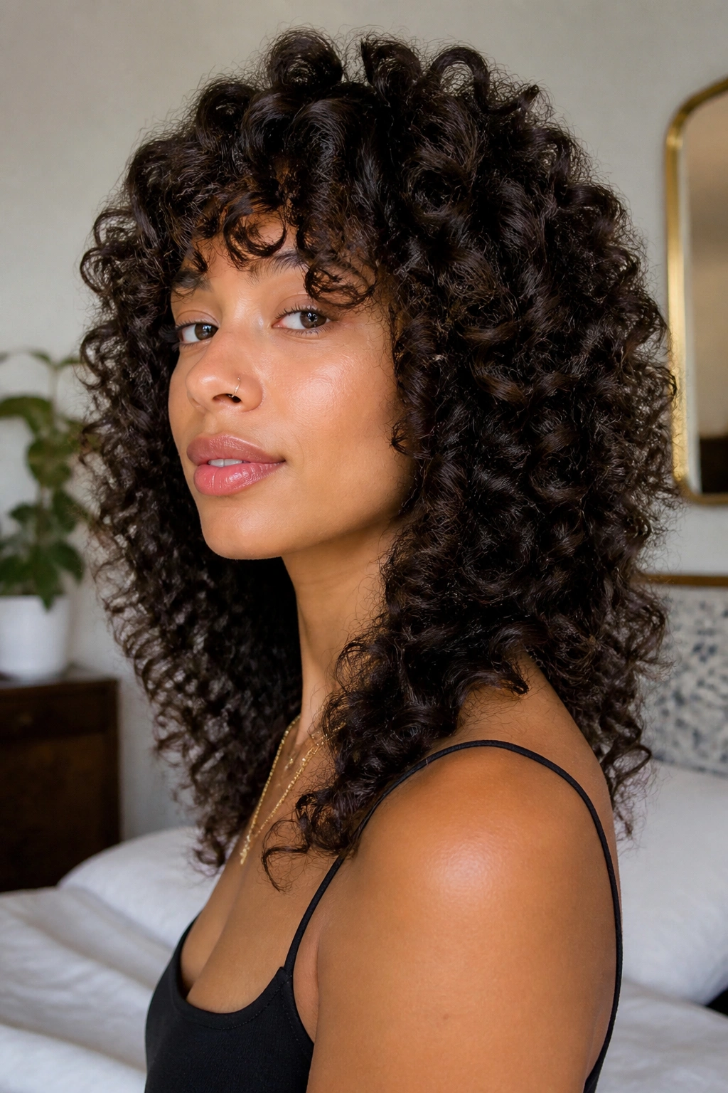 Close-up of a real woman with 3C curls in a wolf cut showing defined coils.