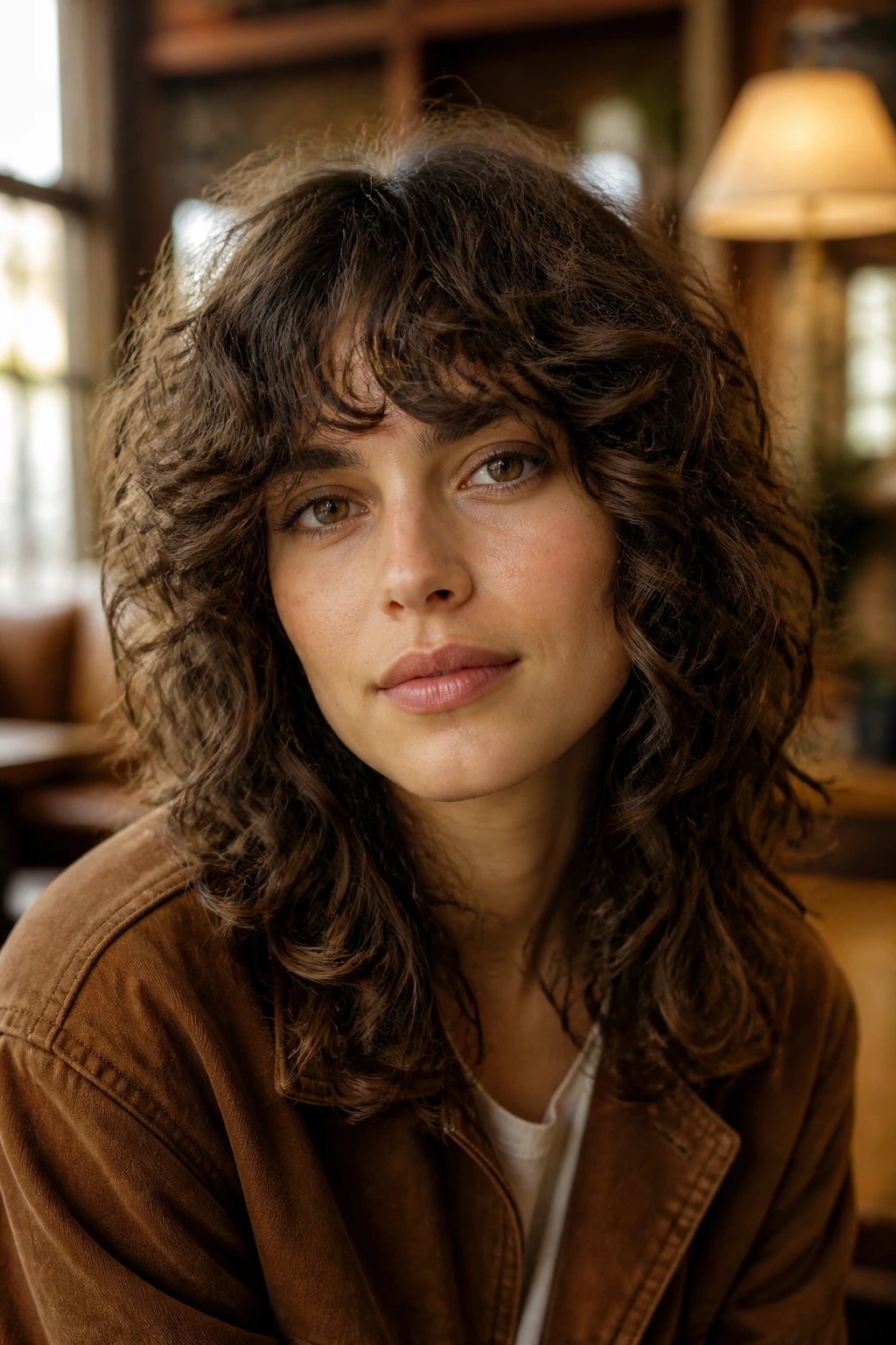 Close-up of a real person with 70s feathered bangs shag