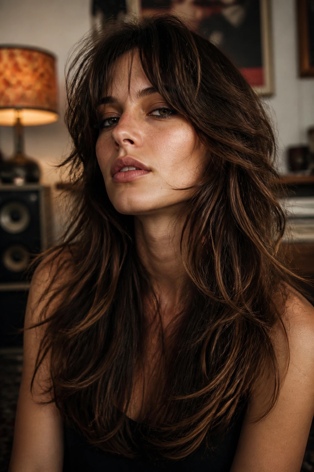 Close-up of a real person with 70s rock shag and flipped layers