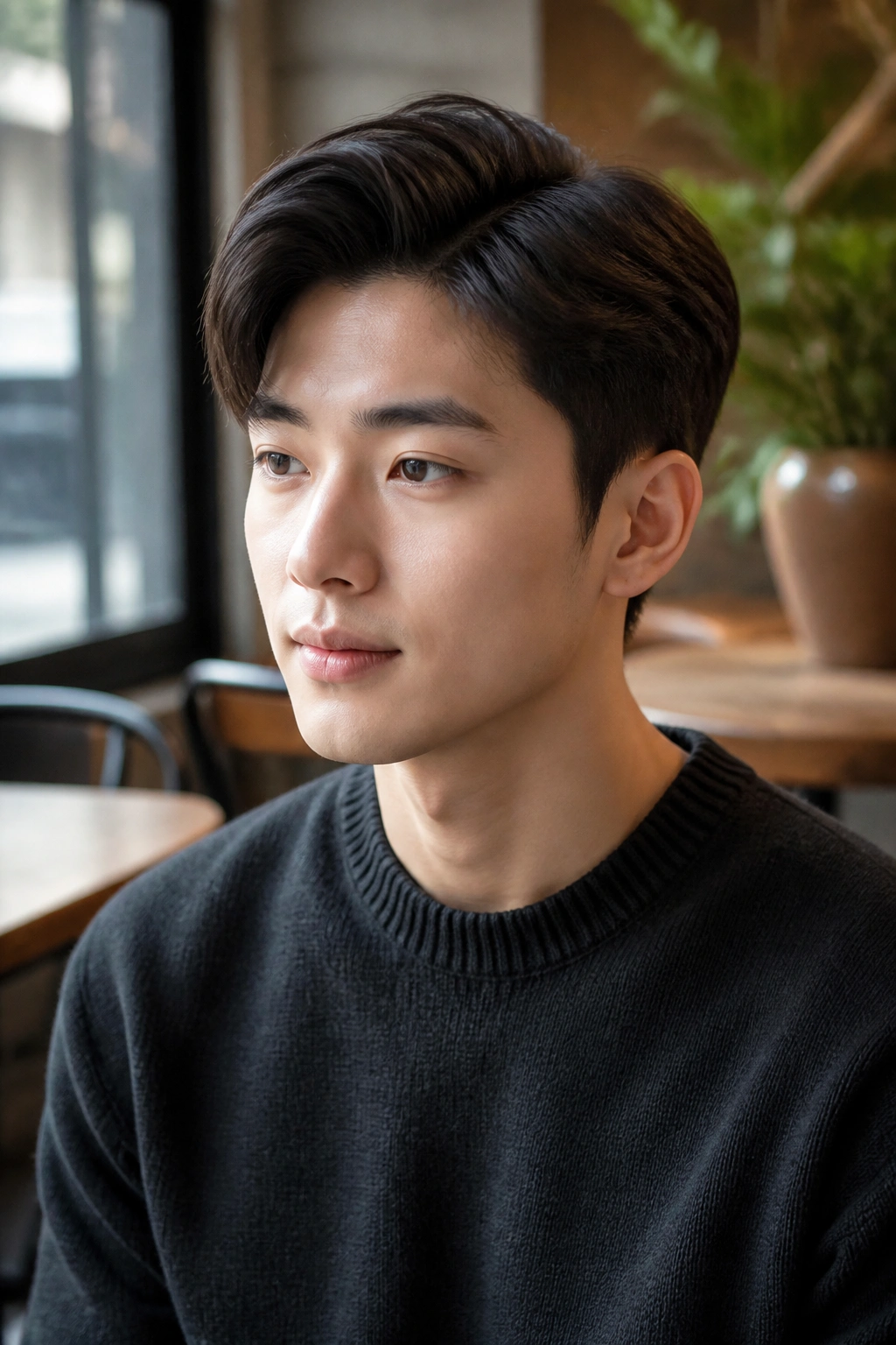 Portrait of a man with a 7:3 side part and natural lift in a cafe setting