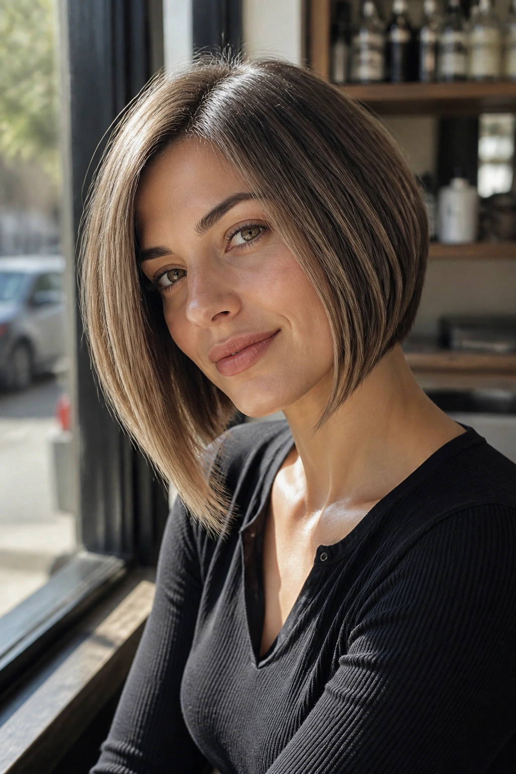 Close-up of a woman with an A-line bob where the front is longer than the back.