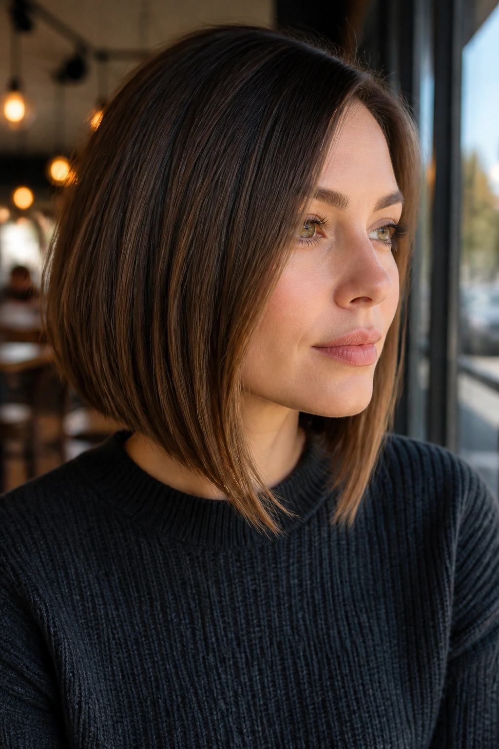 Medium close-up of a real woman with a slightly angled A-line bob in natural daylight