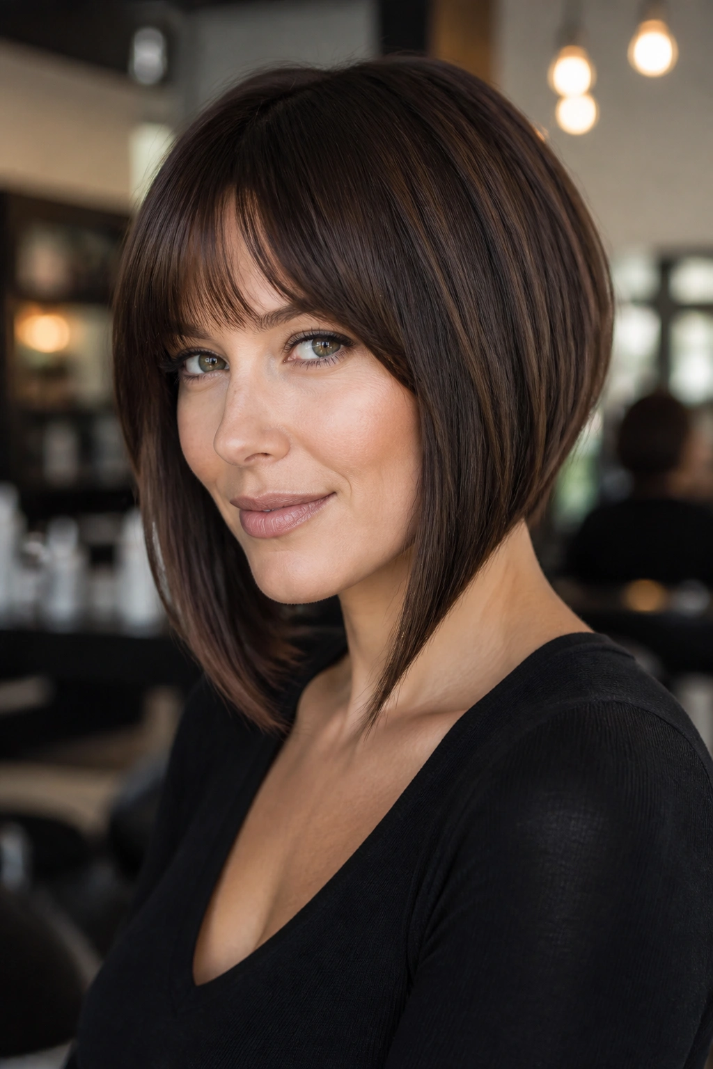 Portrait of a woman with an A-line bob and arched bangs in warm light
