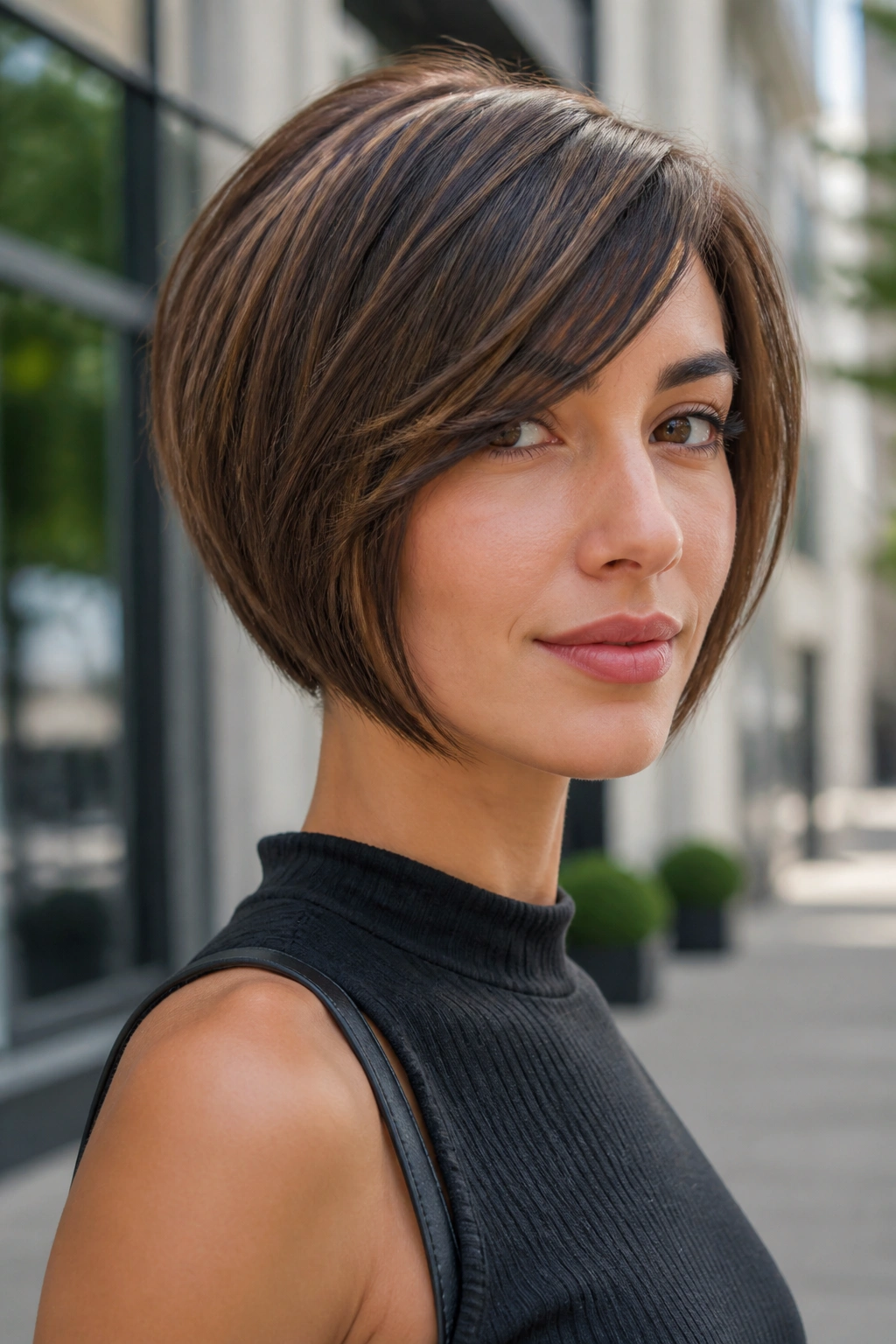 Portrait of a real woman with an A-line chin bob and side-swept bangs
