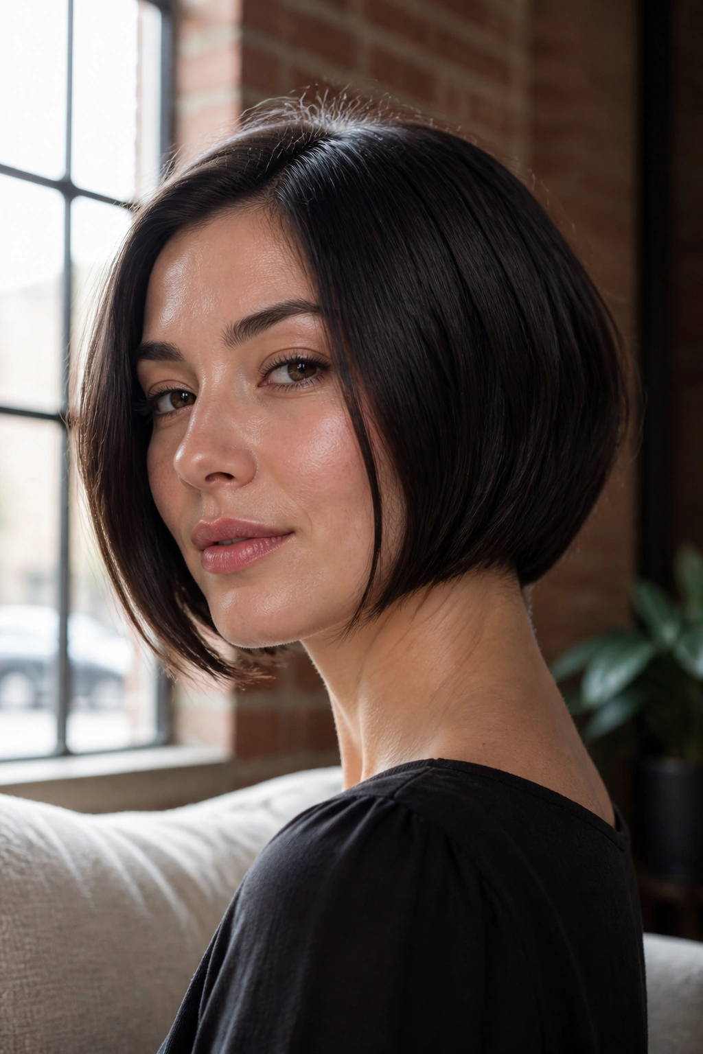 Portrait of a real woman with an A-line chin-length bob showing distinct front length