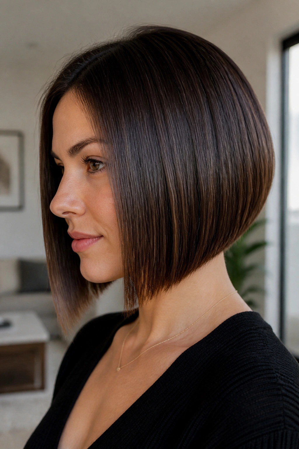 Portrait of a woman with an A-line bob showing a clean diagonal angle