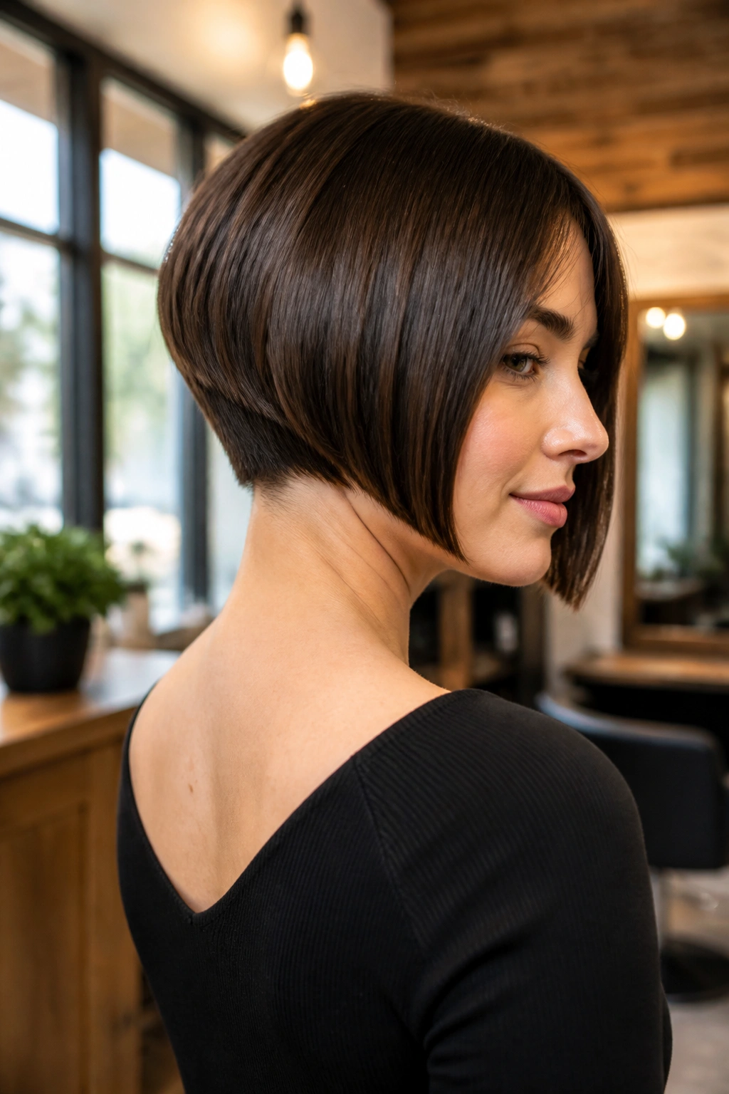 Close-up portrait of a real woman with an A-Line Bob With Clean Nape, showing crisp nape and chin-length front.