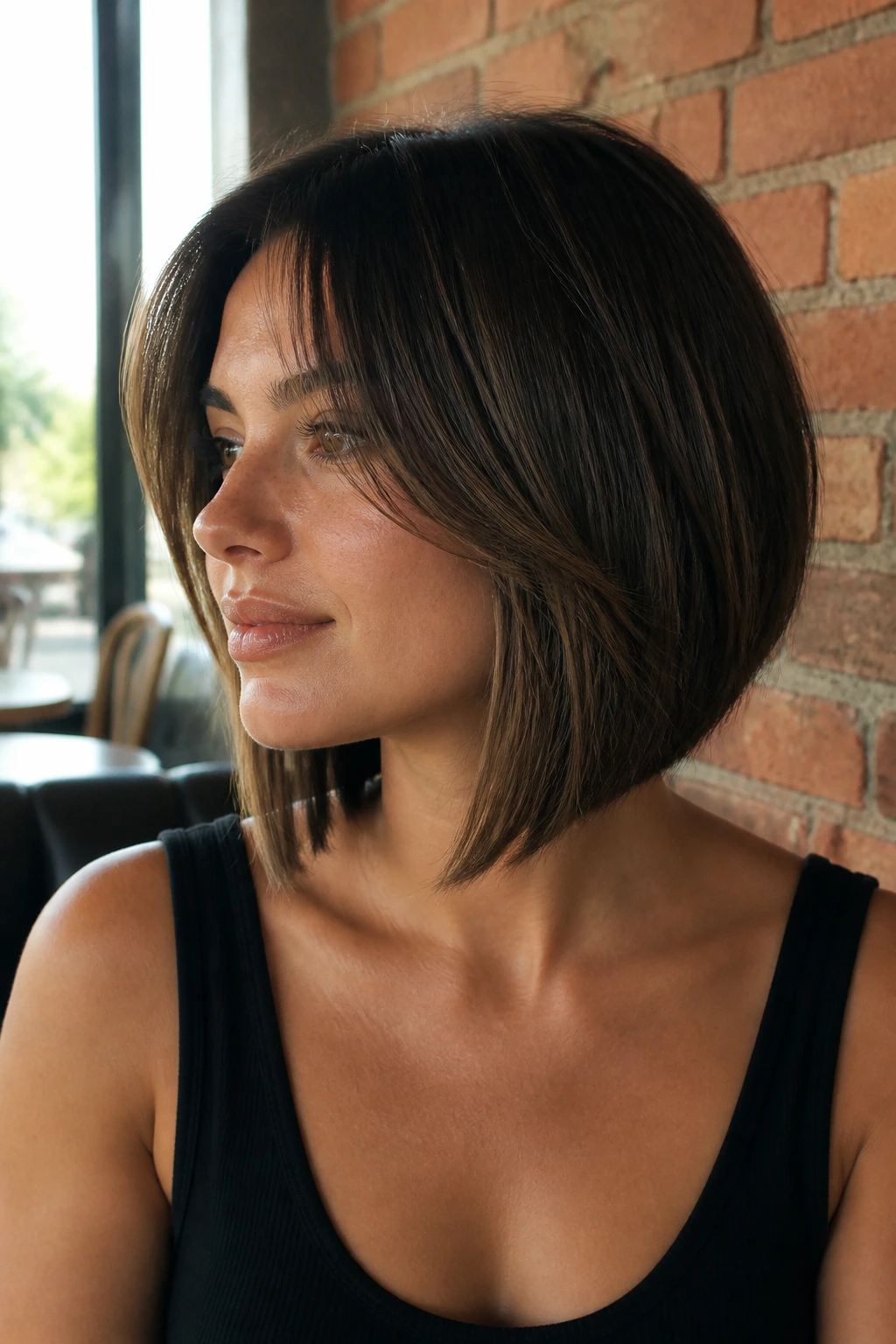 Close-up of a real woman with an A-line bob and sweeping curtain bangs in natural cafe light