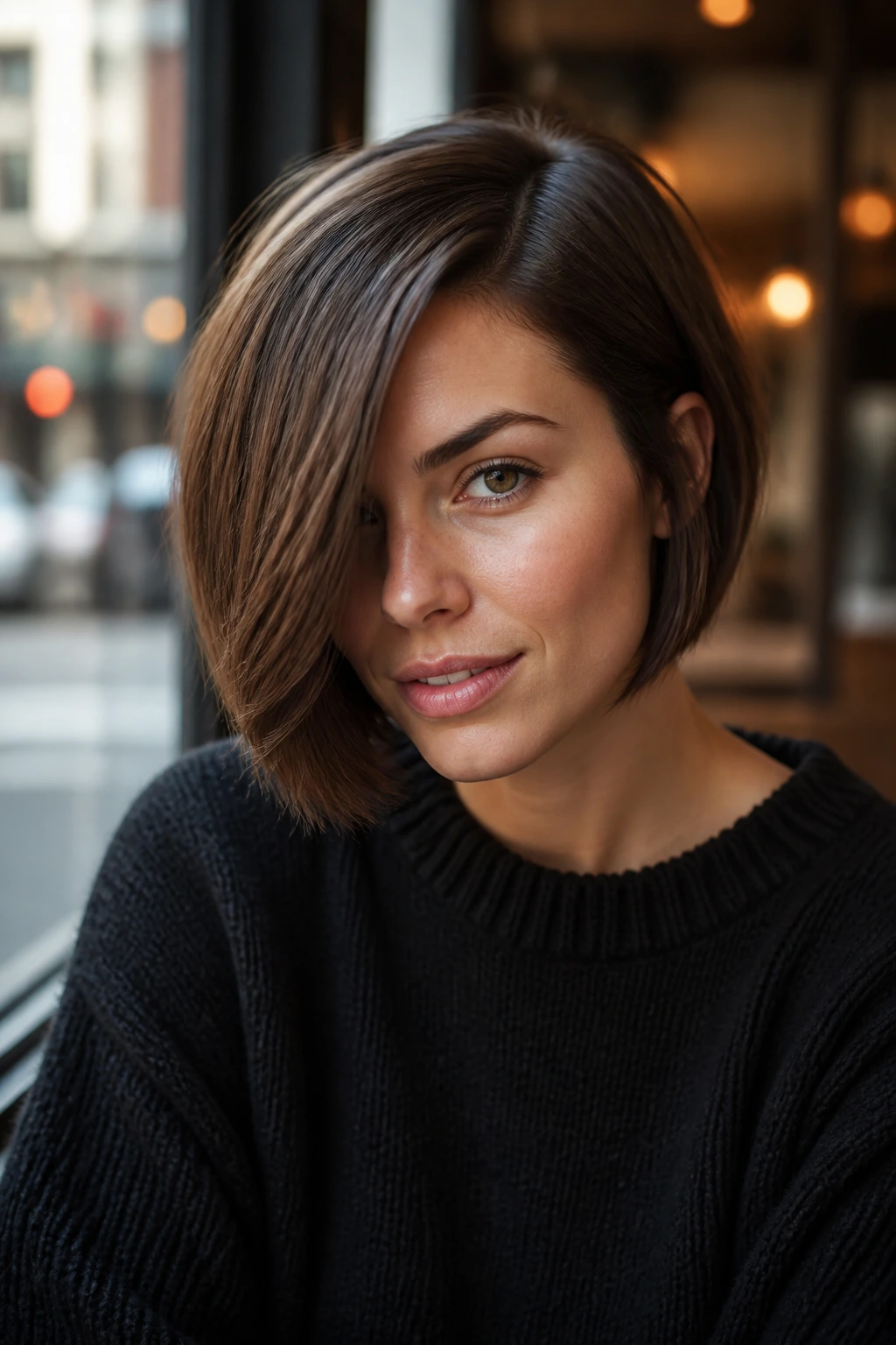 Close-up of a woman with A-Line Bob With A Deep Side Part, front sweep across the cheekbone in cafe window light