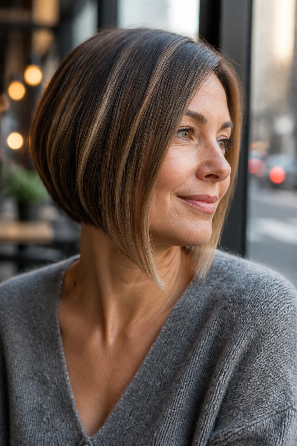 Close-up of a woman with A-line bob showing diagonal hairstyle