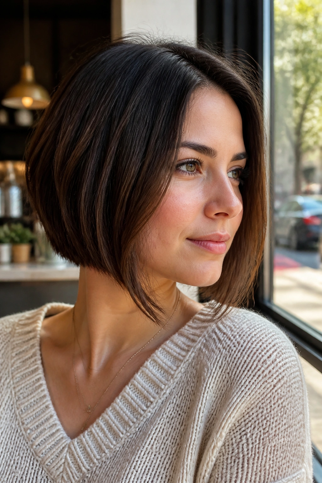 Three-quarter view of a real woman wearing an A-line bob with longer front pieces framing the face