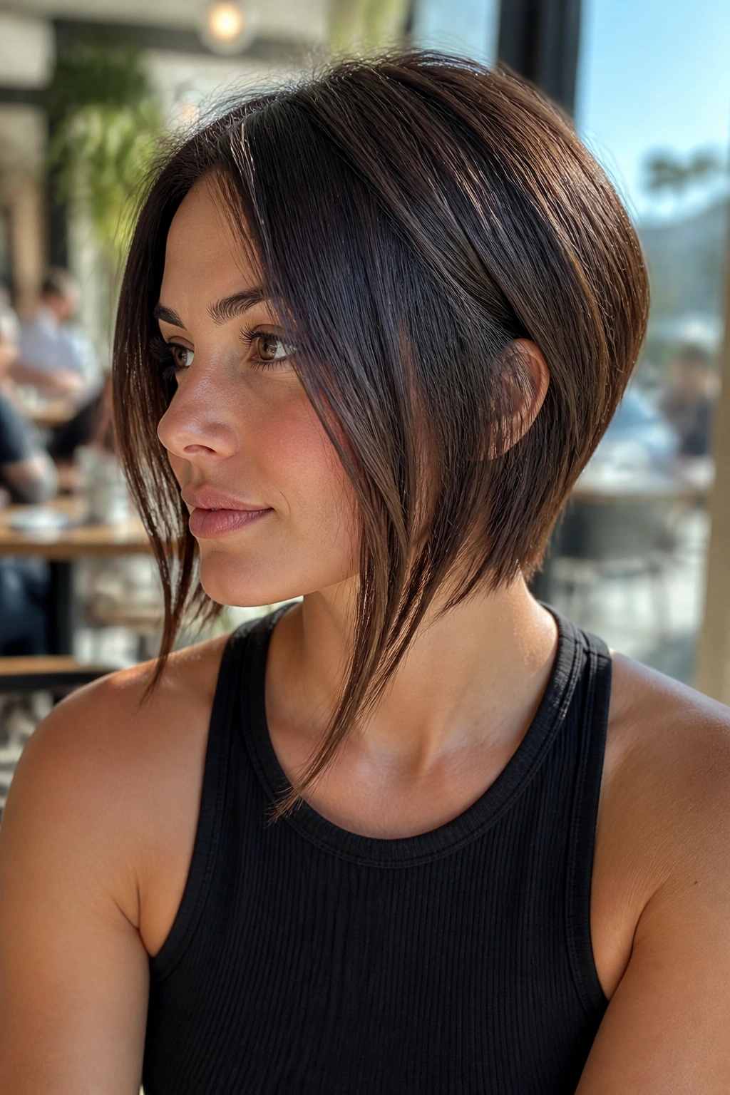 Close-up portrait of a real woman with an A-line bob and front-length for ponytail