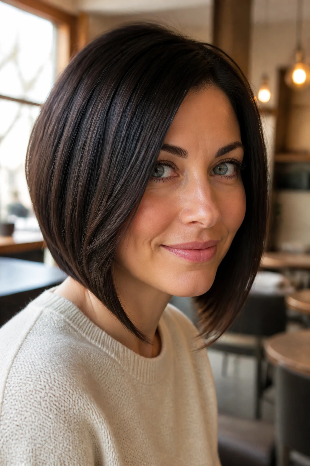 Close-up of a real woman with an A-line bob and gentle graduation.