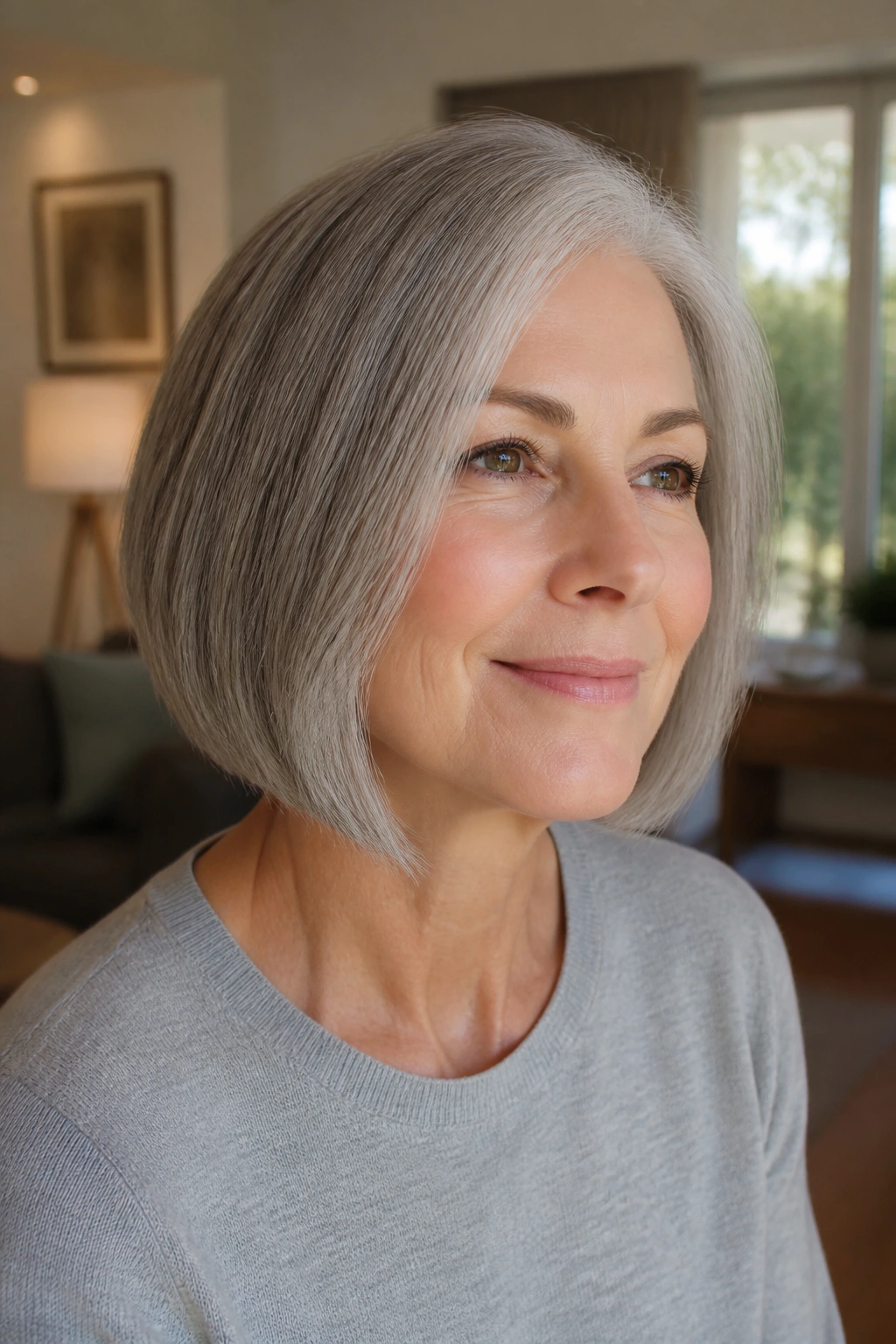 Close-up portrait of a real woman with an A-Line Bob hairstyle and gray hair, natural window light