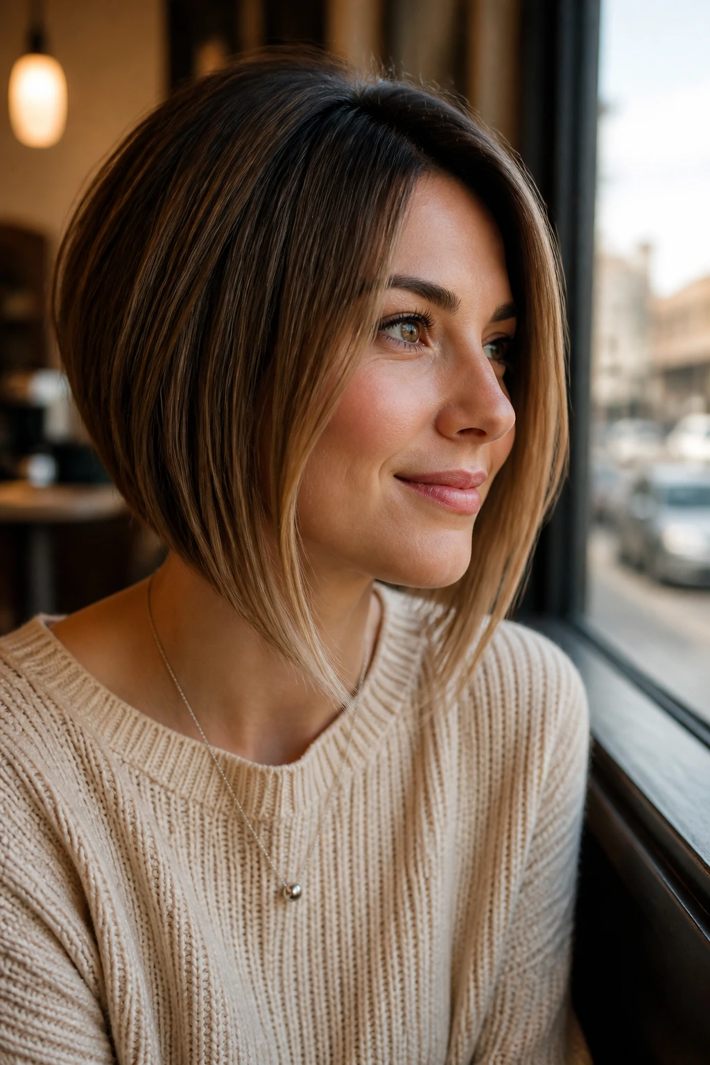 Close-up portrait of a real woman with an A-line bob and longer front framing the face