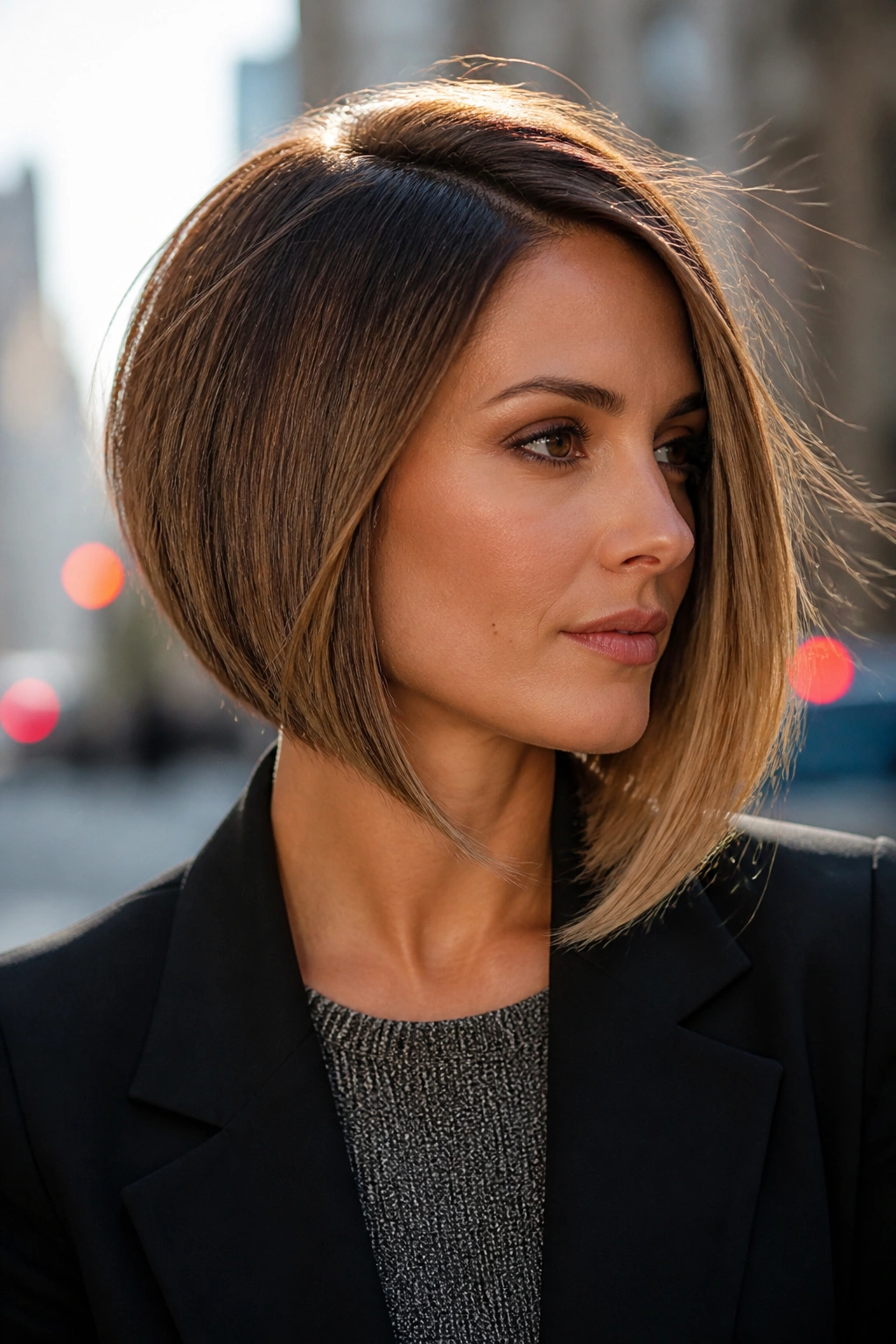 Close-up of a woman with an A-line bob showing diagonal length