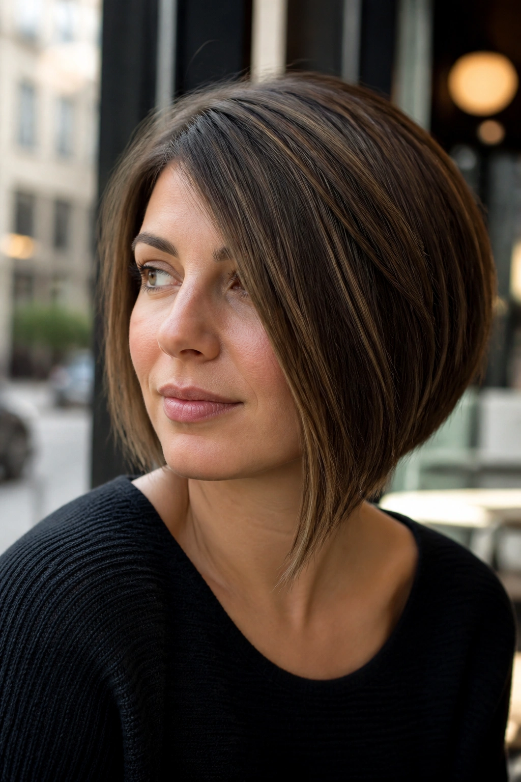 Portrait of real woman with A-line bob showing shorter back and longer front, in daylight through cafe window.