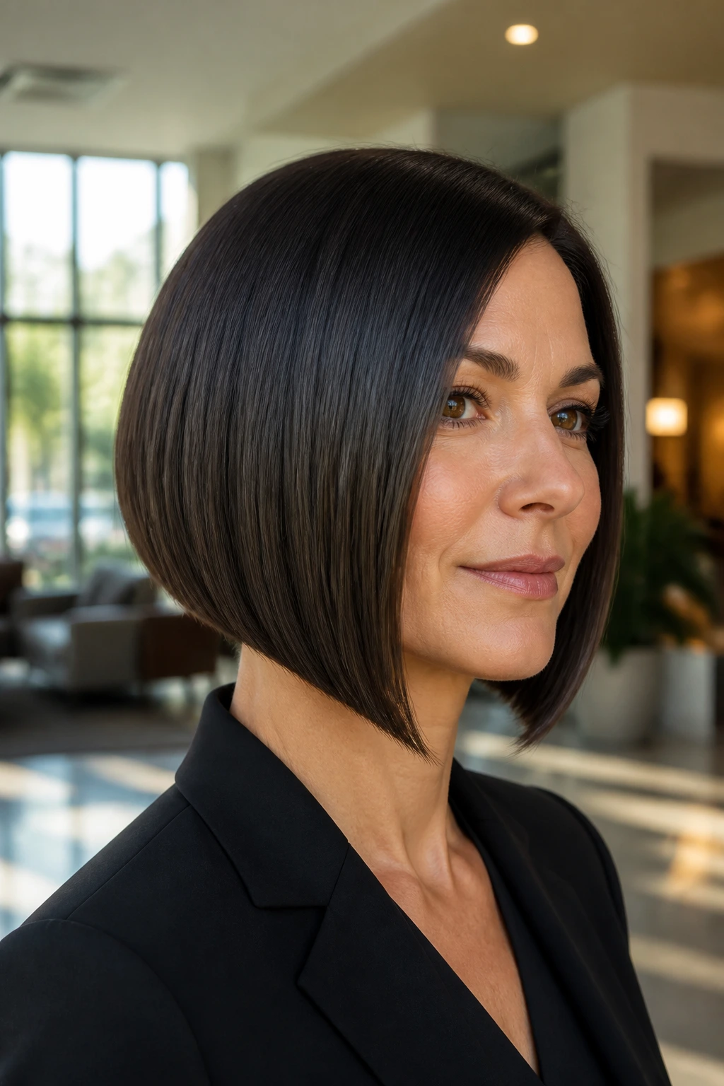Real woman with sharp A-line bob at chin length under natural light.