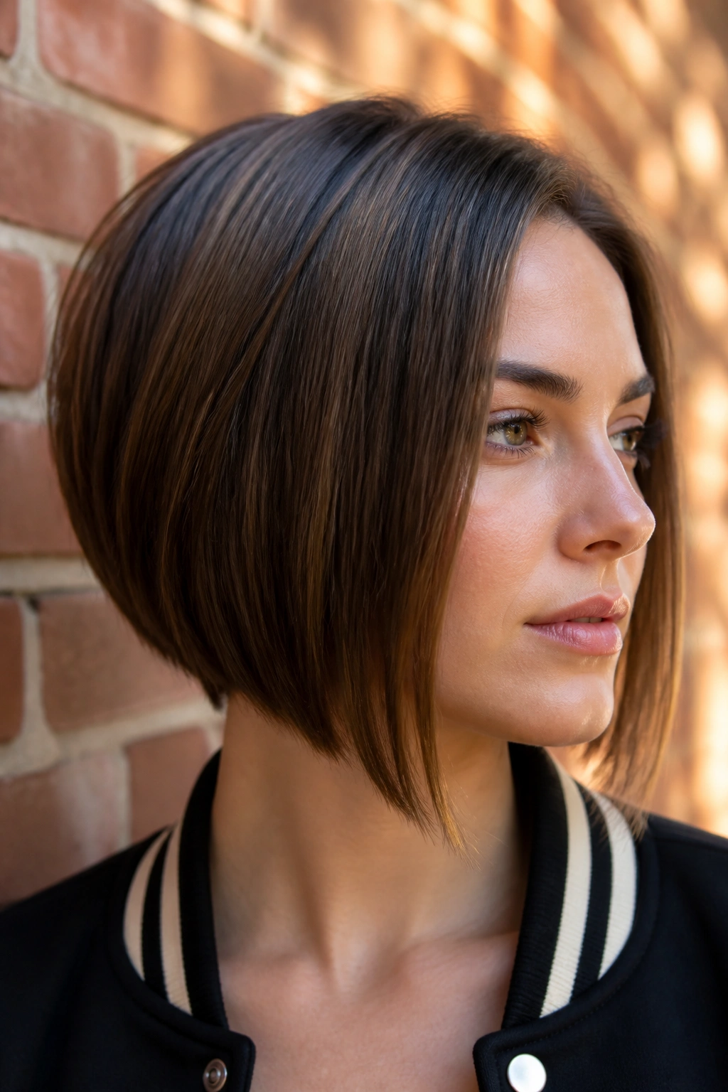 Portrait of a real person with A-Line Varsity Bob against brick wall backdrop