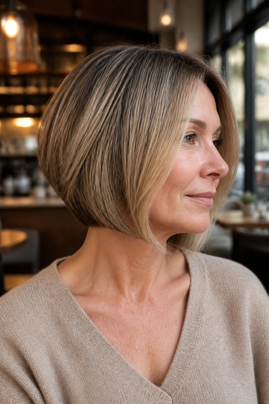 Real woman with A-line bob wearing a soft angled cut in cafe light