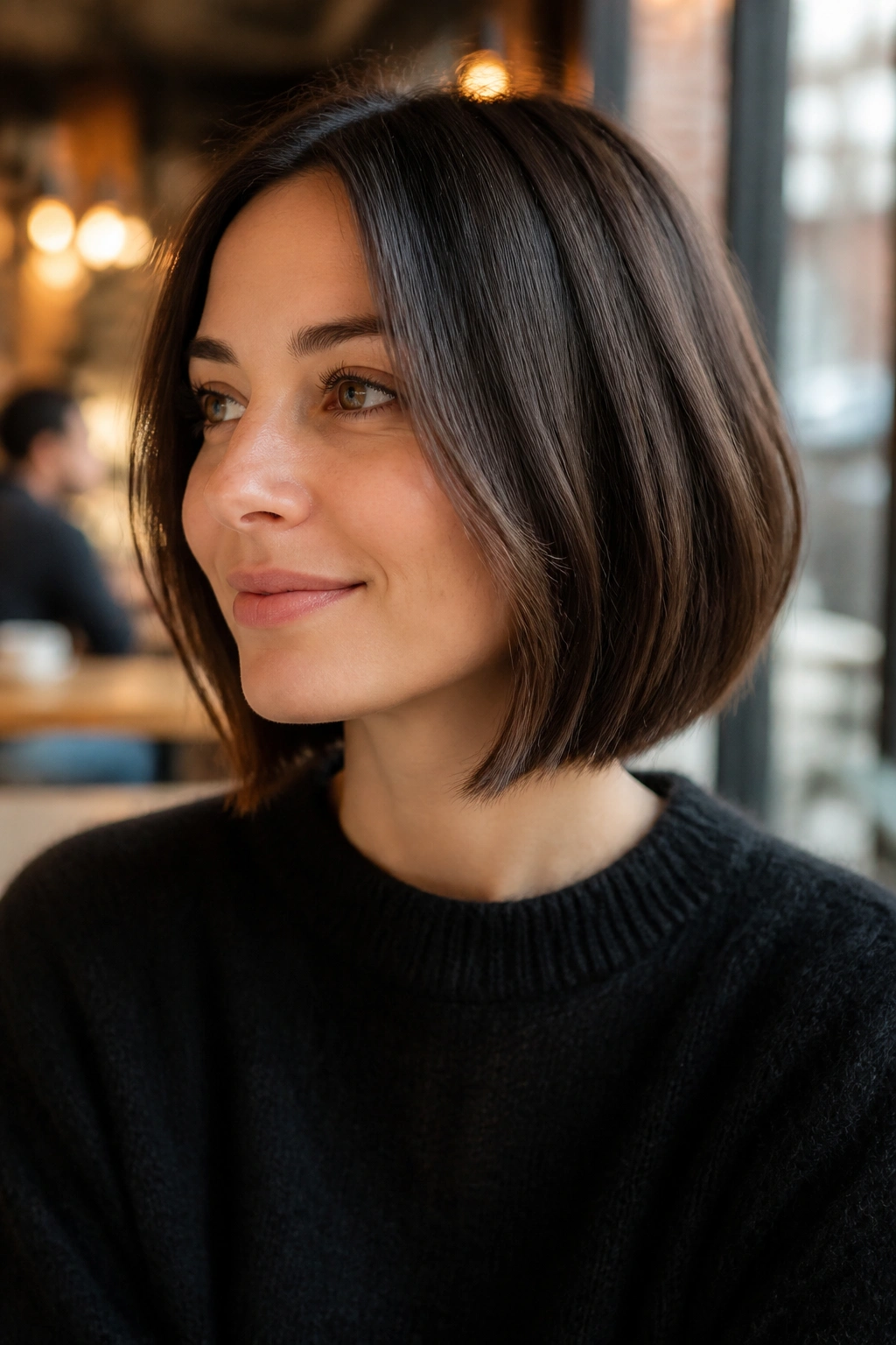 Portrait of a woman with a soft A-line bob grazing the jaw