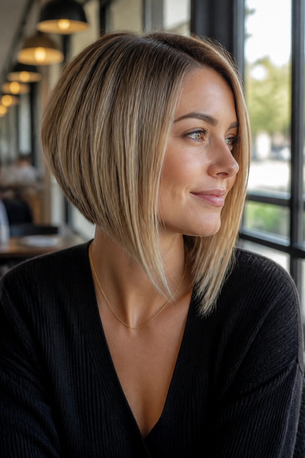 Close-up of a real woman with long-front short-back A line bob