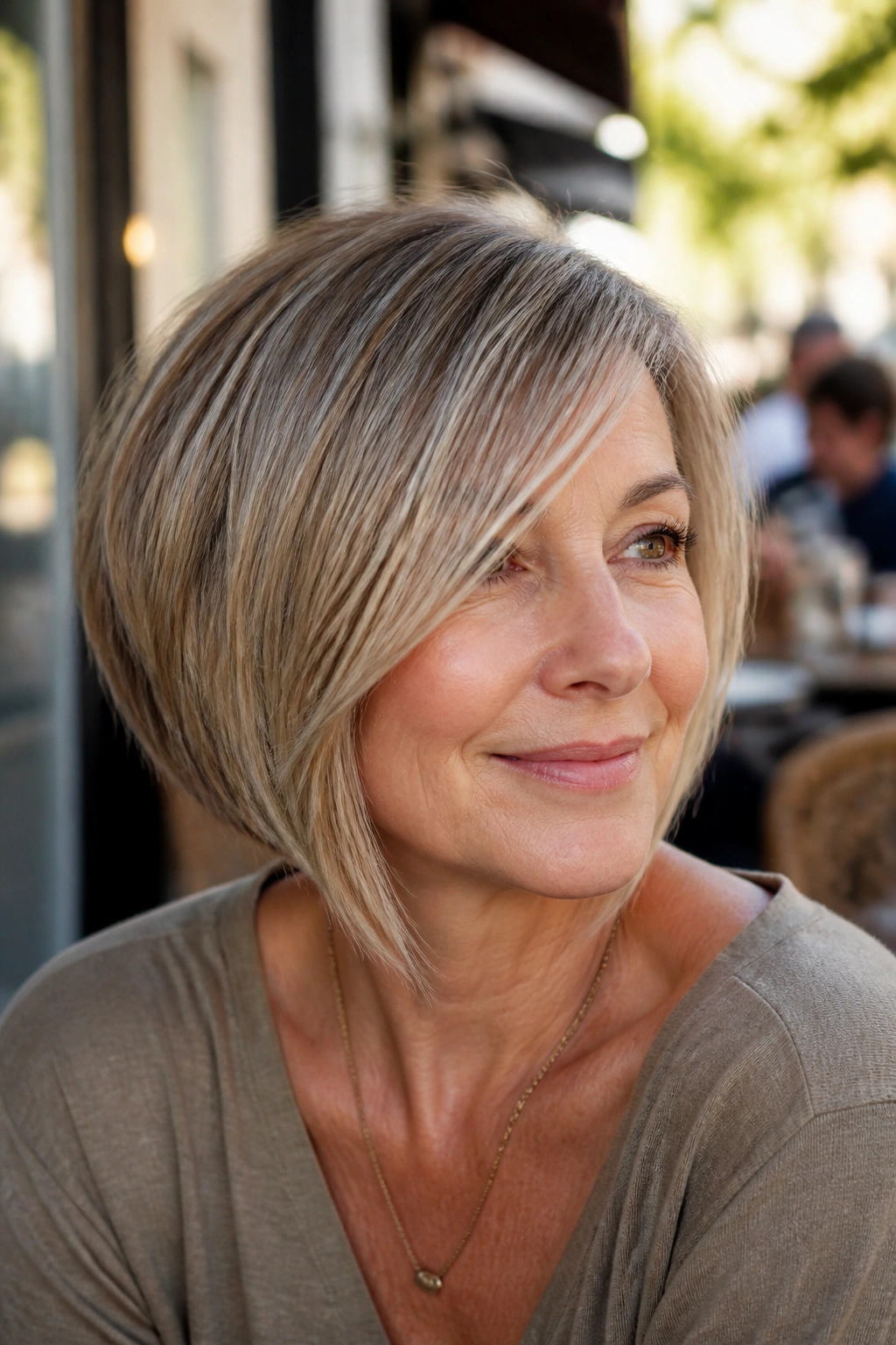 Real woman wearing an A-line bob with long side bangs in daylight