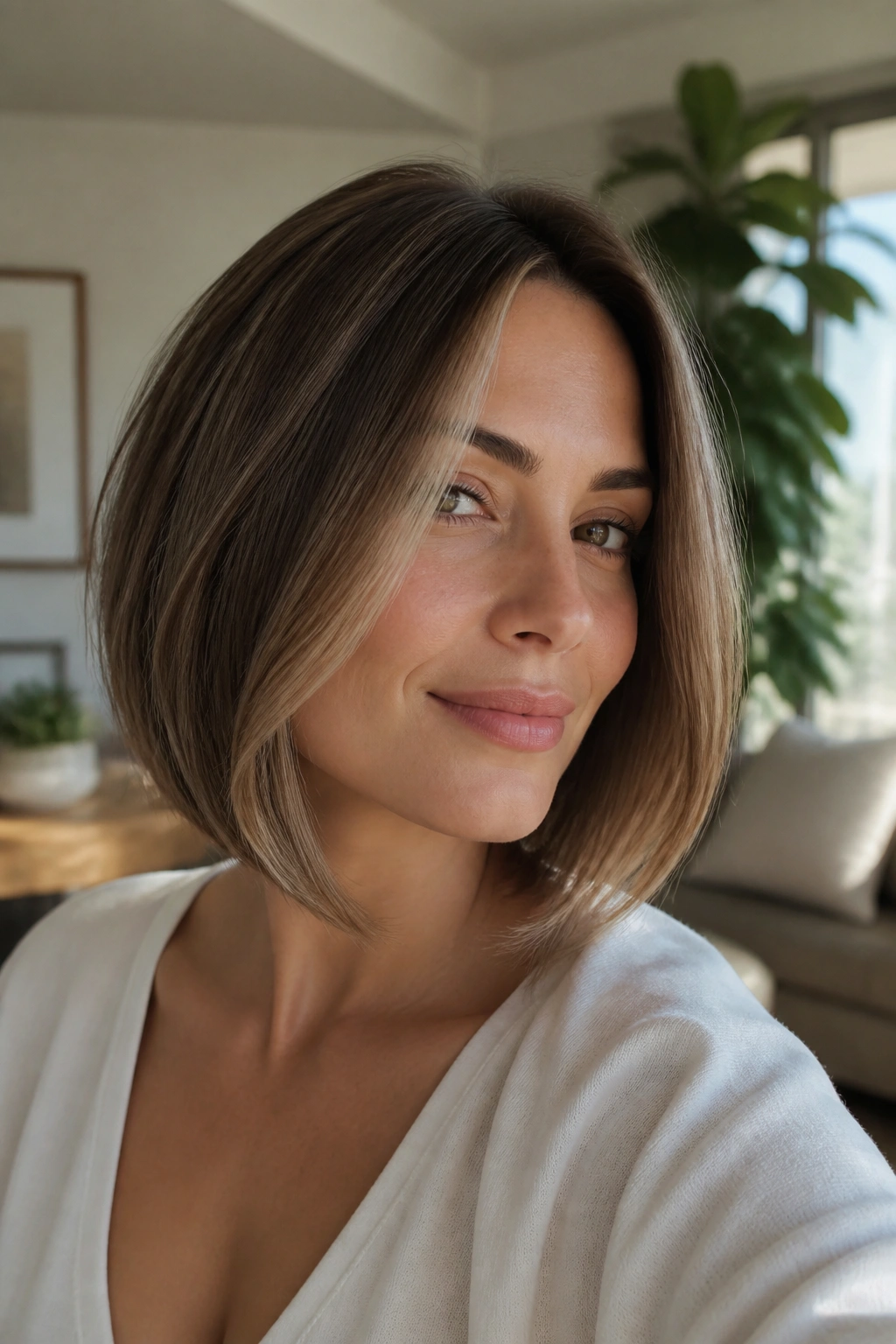 Portrait of a real woman with a soft A-line bob and longer front.