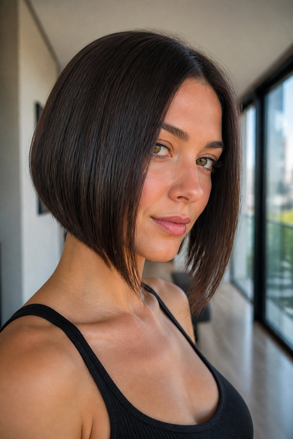 Close-up portrait of a woman with an A-line bob silhouette