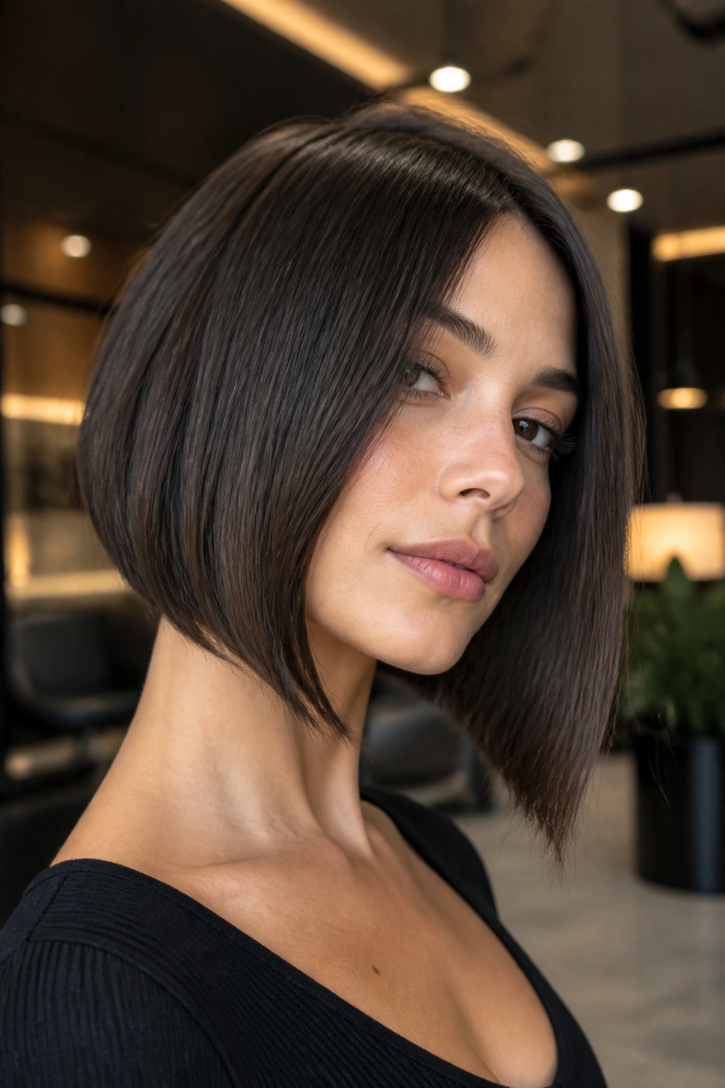 Close-up of a woman with an A-line bob showing the diagonal back-to-front silhouette