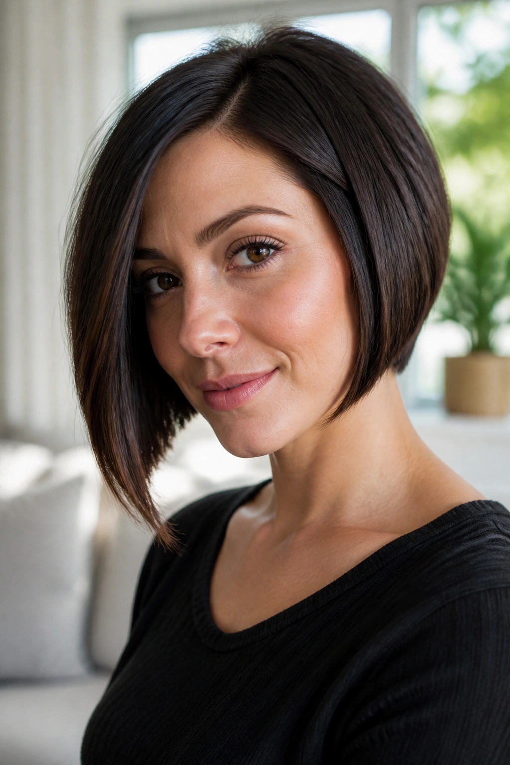 Close-up of a real woman with an A-line bob in a bright room