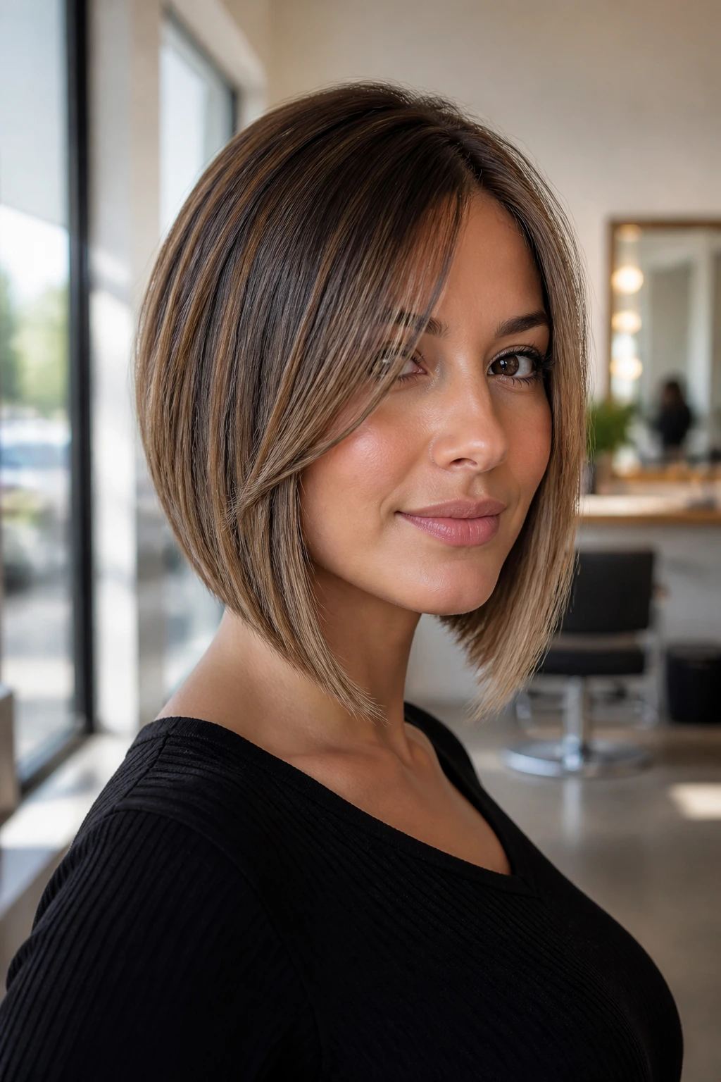 Close-up portrait of a real woman with an A-line bob showing a short back and longer front