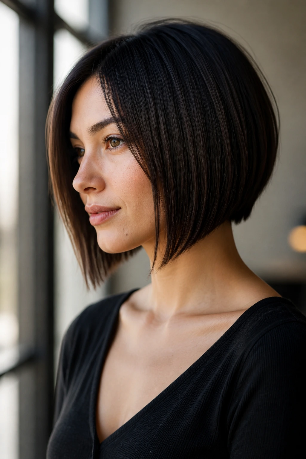 Close-up of a real woman with an A-line bob, shorter back, longer front, natural light.
