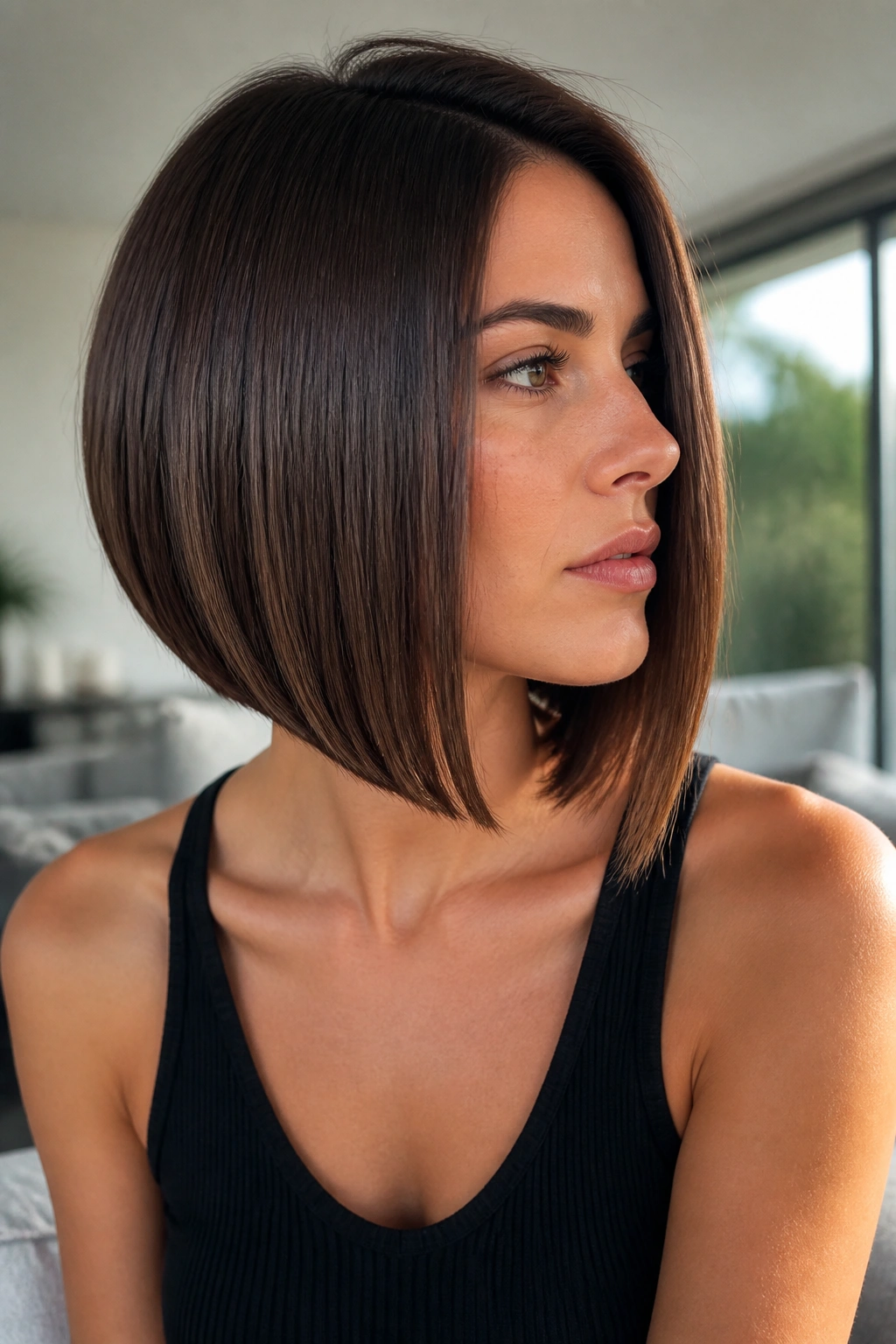 Close-up of a real woman wearing an A-line bob with a subtle forward sloping front.
