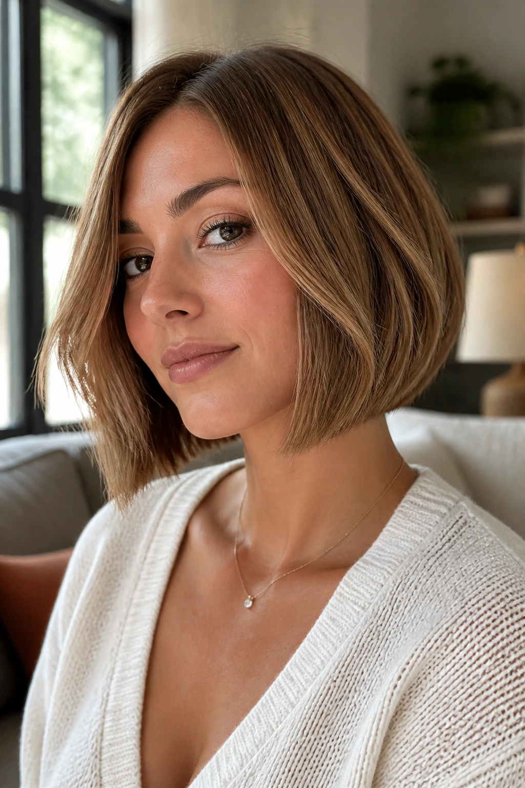 Close-up of a real woman with an A-line bob hairstyle in warm window light