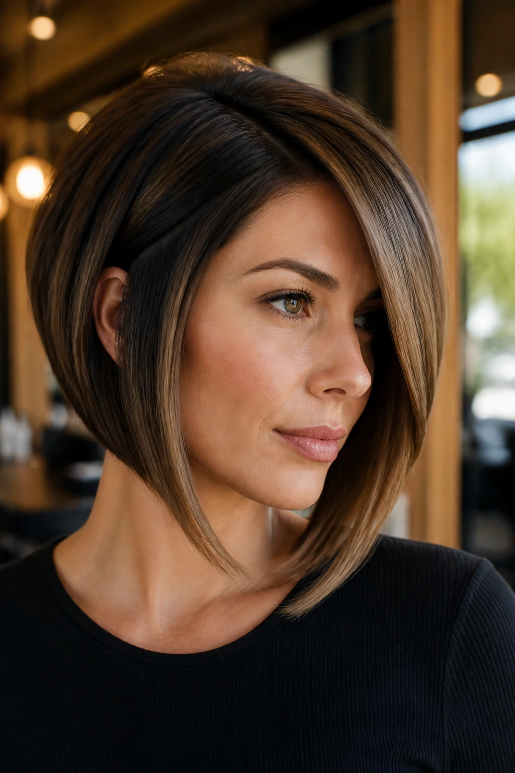 Close-up of a woman with an A-line bob and dramatic side part in a warm salon