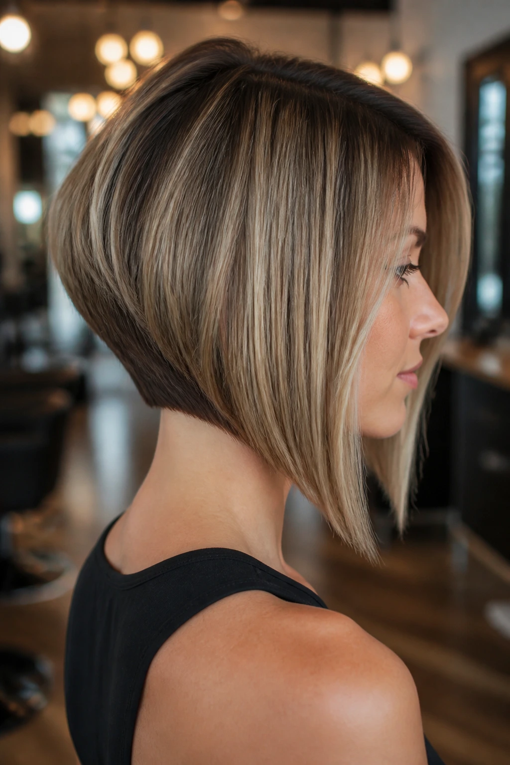 Close-up portrait showing an A-line graduated bob with stacked nape