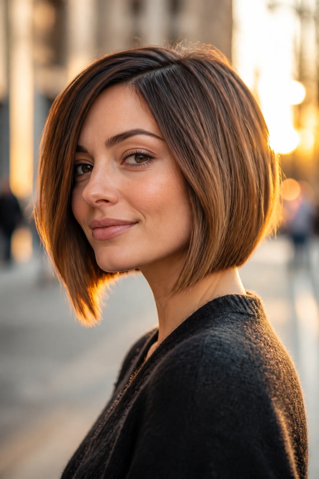 Portrait of a real woman with an A-line bob that stacks forward and grazes the lobes