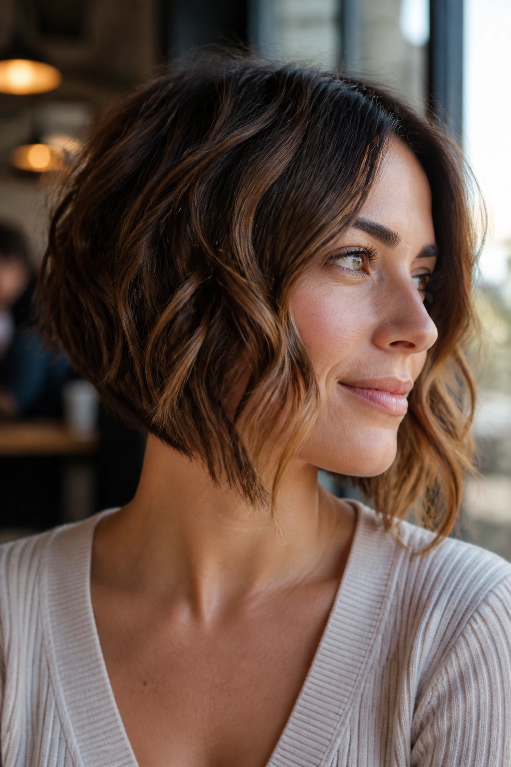 Close-up of a real woman with an A-line bob