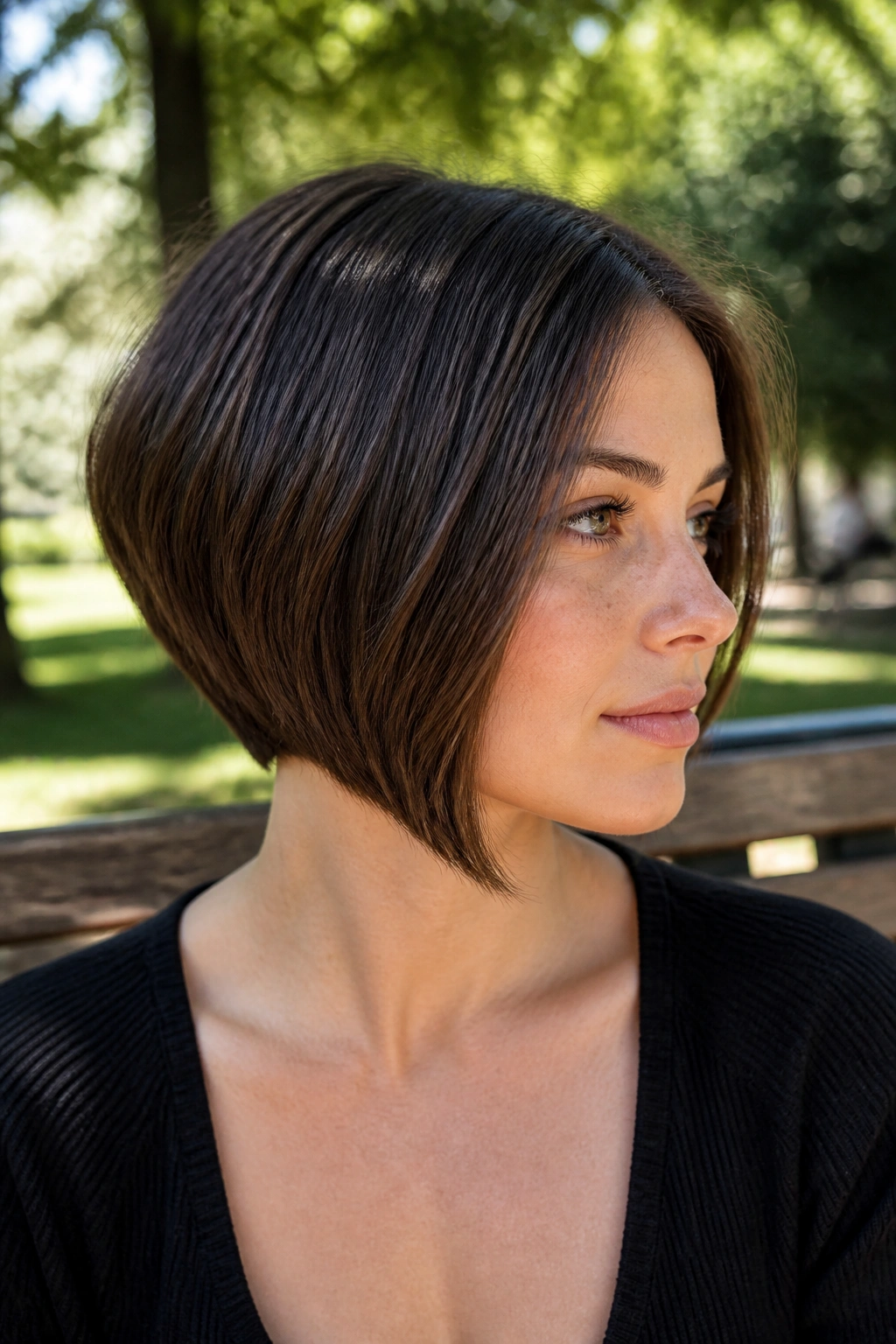 Close-up of a real woman with an A-line chin-length bob showing diagonal line