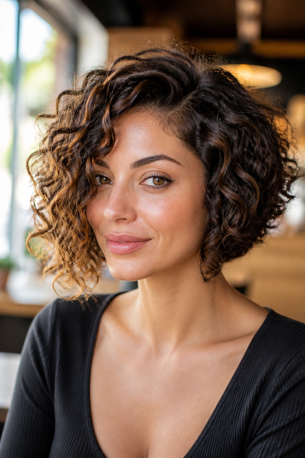 Close-up of a real person with an A-Line Curly Bob highlighting front length