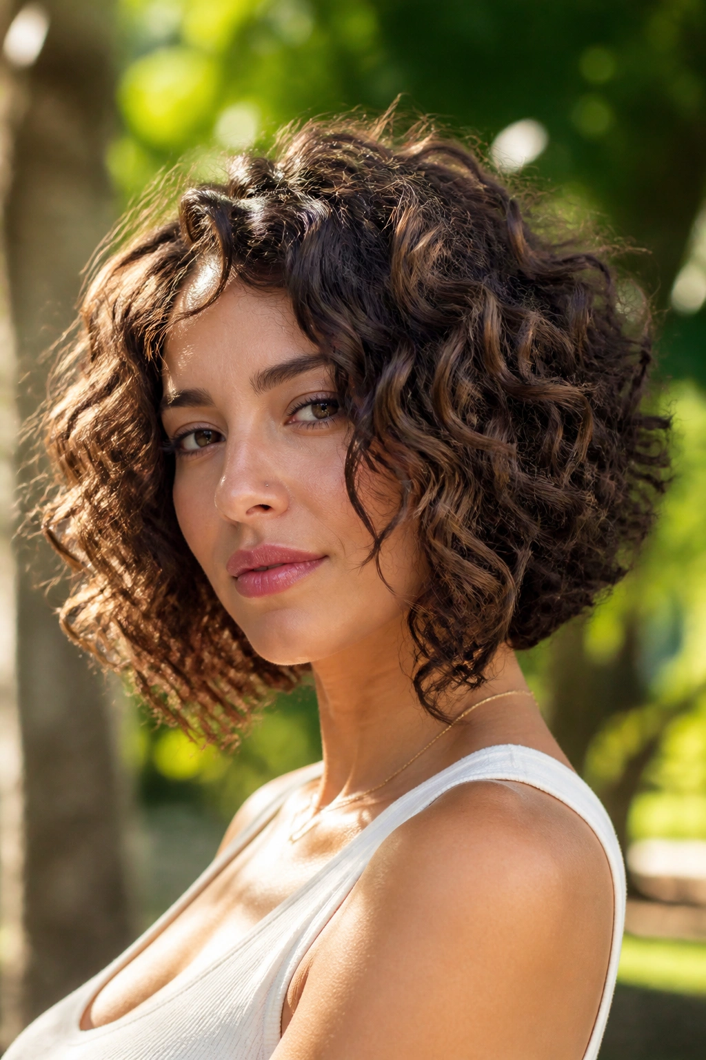 Real woman with A-line curly bob in a sunlit park background